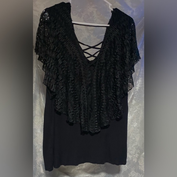 love J | Tops | Love J Black Ruffle Top Sheer Lace Overlapping Chest ...